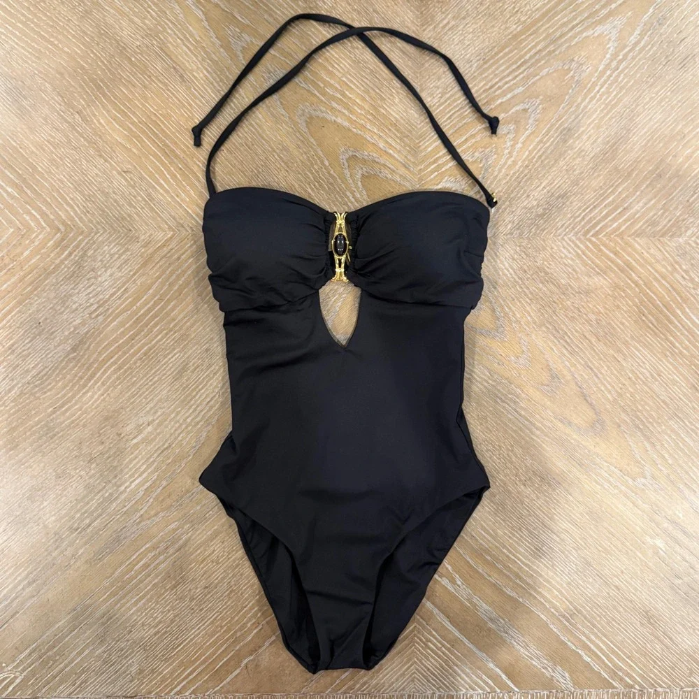 BECCA Rock Solid Gold Buckle Bandeau One Piece Swimsuit Black Medium NWOT
